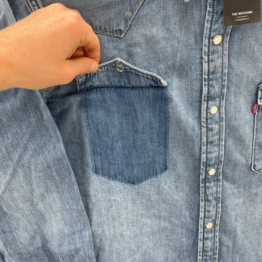 Levis Shirt Mens S Blue Western Denim Pearl Snap Yoke Cowboy Ranch Distressed